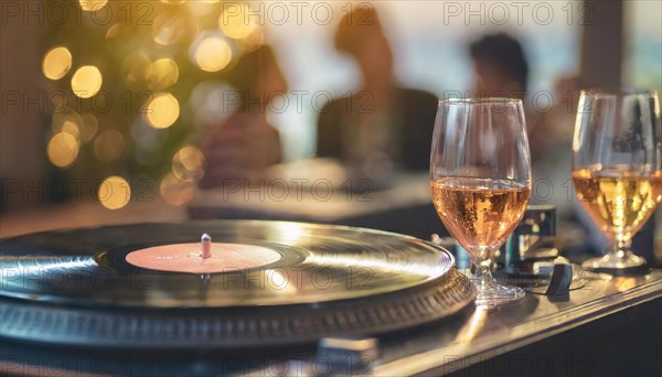 Friends enjoy drinks vinyl record playing together in cozy setting at sunset, bokeh effect ai generated, AI generated