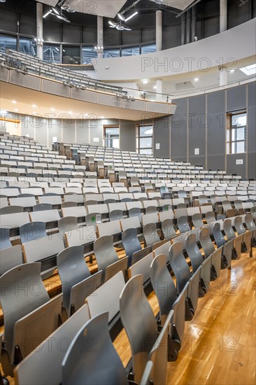 Rows of seats in an empty lecture theatre, interior photo, Department of Mechanical Engineering, Technical University of Munich, TUM, Garching, Bavaria, Germany, Europe