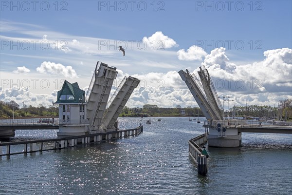 Bascule bridge is opened, Kappeln, Schlei, Schleswig-Holstein, Germany, Europe