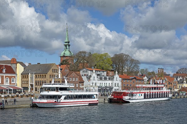 Church, building, excursion boats, clouds, harbour, Kappeln, Schlei, Schleswig-Holstein, Germany, Europe