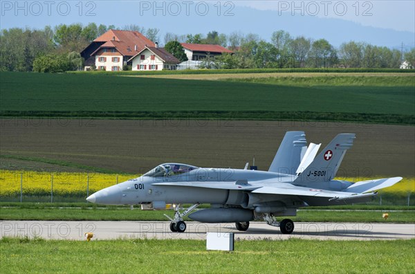 FA 18C Hornet multi-role fighter aircraft of the Swiss Air Force with air brake deployed during landing, Payerne military airfield, Payerne, Vaud, Switzerland, Europe