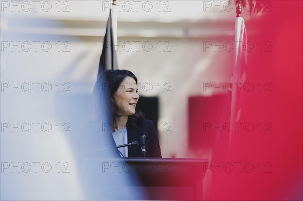 Annalena Baerbock (Alliance 90/The Greens), Federal Foreign Minister, pictured at a press conference with Penny Wong (not pictured), Foreign Minister of Australia, in Adelaide, 3 May 2024. Baerbock is travelling to Australia, New Zealand and Fiji for political talks / Photographed on behalf of the Federal Foreign Office