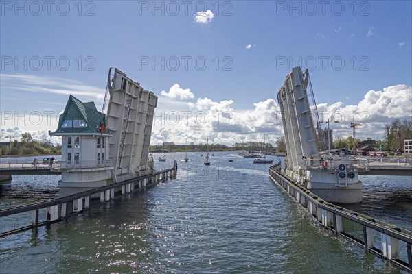 Open bascule bridge, Kappeln, Schlei, Schleswig-Holstein, Germany, Europe