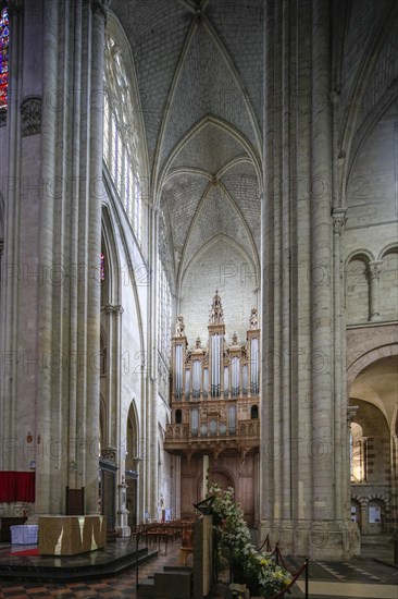 Queerhaus with organ, Romanesque-Gothic Saint-Julien du Mans Cathedral, Le Mans, Sarthe department, Pays de la Loire region, France, Europe