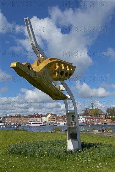 Figurehead of the training sailing ship Gorch Fock, viewpoint Schleibruecke, harbour, Kappeln, Schlei, Schleswig-Holstein, Germany, Europe