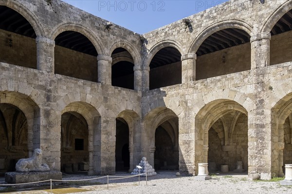 Two-storey building with surrounding arcade, Archaeological Museum in the former hospital of the Order of St John, 15th century, Old Town, Rhodes Town, Greece, Europe