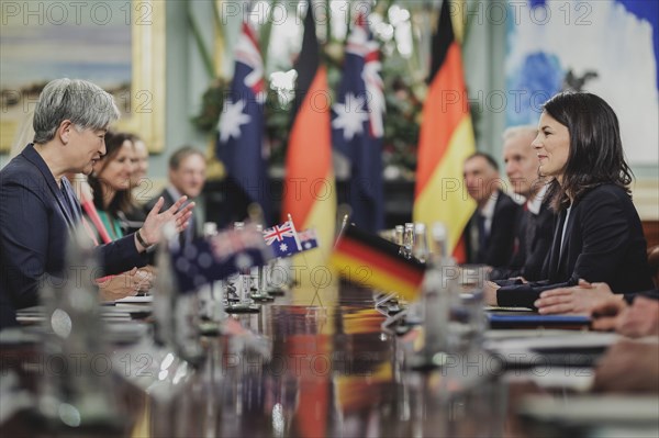 (R-L) Annalena Baerbock (Alliance 90/The Greens), Federal Foreign Minister, and Penny Wong, Foreign Minister of Australia, photographed during a joint meeting in Adelaide, 3 May 2024. Baerbock is travelling to Australia, New Zealand and Fiji for political talks / Photographed on behalf of the Federal Foreign Office