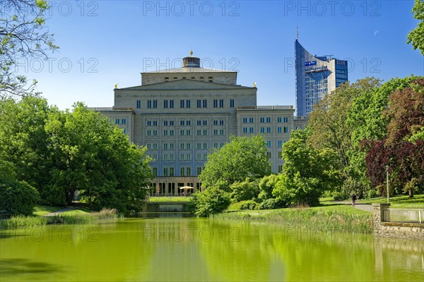 Swan pond with the Leipzig Opera House and the City Tower, Leipzig, Saxony, Germany, Europe