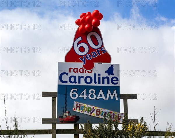 Radio Caroline pirate radio station 60 years old happy birthday balloons and poster, Suffolk, England, UK