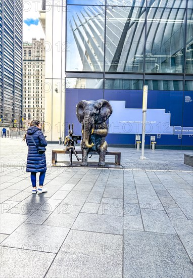 Outdoor art installation A Wild Life for Wildlife Elephant and Rabbitwoman by artist duo Gillie and Marc, 9-11 Memorial, Lower Manhattan, New York City