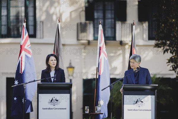 (L-R) Annalena Baerbock (Alliance 90/The Greens), Federal Foreign Minister, and Penny Wong, Foreign Minister of Australia, speak to the media in Adelaide, 3 May 2024. Baerbock is travelling to Australia, New Zealand and Fiji for political talks / Photographed on behalf of the Federal Foreign Office