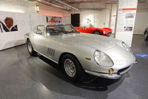 FERARI 275 GTB 4, A silver classic Ferrari, elegantly presented in a showroom for classic cars, AUTOMUSEUM PROTOTYP, Hamburg, Hanseatic City of Hamburg, Germany Europe