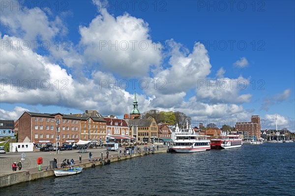 Church, building, excursion boats, clouds, harbour, Kappeln, Schlei, Schleswig-Holstein, Germany, Europe