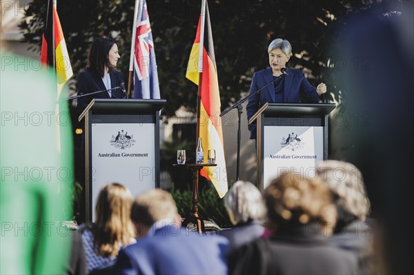 (L-R) Annalena Baerbock (Alliance 90/The Greens), Federal Foreign Minister, and Penny Wong, Foreign Minister of Australia, speak to the media in Adelaide, 3 May 2024. Baerbock is travelling to Australia, New Zealand and Fiji for political talks / Photographed on behalf of the Federal Foreign Office