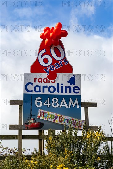 Radio Caroline pirate radio station 60 years old happy birthday balloons and poster, Suffolk, England, UK