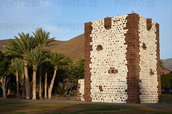 Torre del Conde, Tower of the Count, medieval tower in the park, Parque de la Torre with Palm trees, San Sebastian de La Gomera, La Gomera, Canary Islands, Spain, Europe