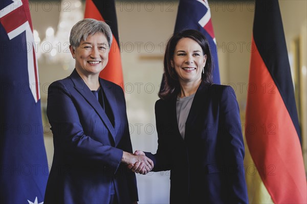 (R-L) Annalena Baerbock (Alliance 90/The Greens), Federal Foreign Minister, and Penny Wong, Foreign Minister of Australia, photographed during a joint meeting in Adelaide, 3 May 2024. Baerbock is travelling to Australia, New Zealand and Fiji for political talks / Photographed on behalf of the Federal Foreign Office