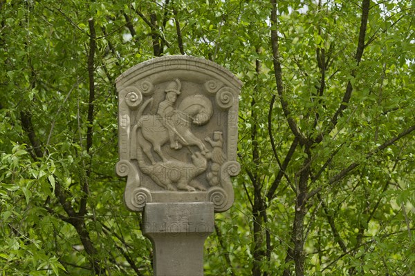 Monument to St George, dragon slayer, horseman, horse, religion, faith, sculpture, wayside cross, Schoental, Marlach, Schoental-Marlach, Hohenlohe, Heilbronn-Franken, Baden-Wuerttemberg, Germany, Europe