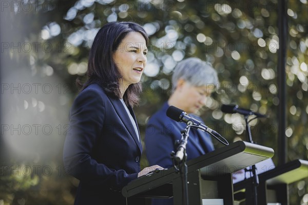 (L-R) Annalena Baerbock (Alliance 90/The Greens), Federal Foreign Minister, and Penny Wong, Foreign Minister of Australia, speak to the media in Adelaide, 3 May 2024. Baerbock is travelling to Australia, New Zealand and Fiji for political talks / Photographed on behalf of the Federal Foreign Office