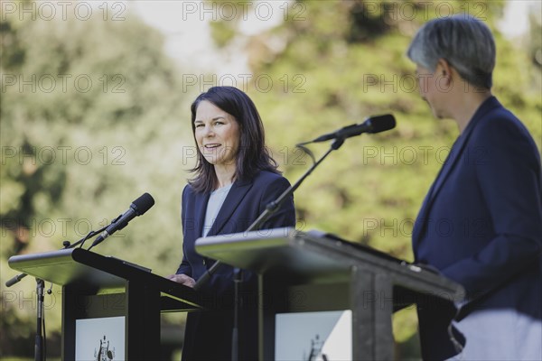 (L-R) Annalena Baerbock (Alliance 90/The Greens), Federal Foreign Minister, and Penny Wong, Foreign Minister of Australia, speak to the media in Adelaide, 3 May 2024. Baerbock is travelling to Australia, New Zealand and Fiji for political talks / Photographed on behalf of the Federal Foreign Office