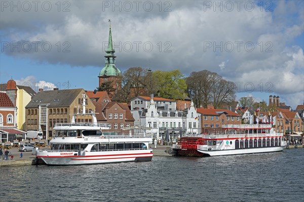 Church, building, excursion boats, clouds, harbour, Kappeln, Schlei, Schleswig-Holstein, Germany, Europe