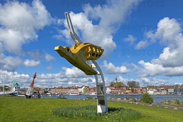 Figurehead of the training sailing ship Gorch Fock, viewpoint Schleibruecke, harbour, Kappeln, Schlei, Schleswig-Holstein, Germany, Europe