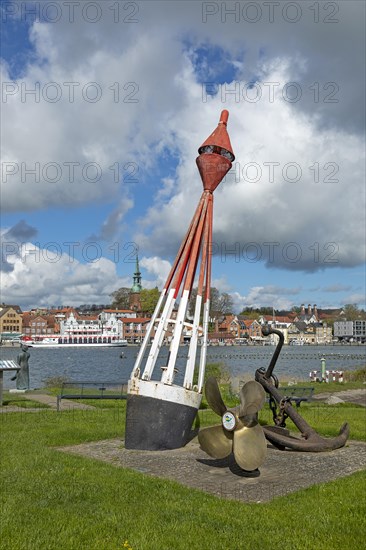 Buoy, propeller, anchor, viewpoint Schleibruecke, harbour, Kappeln, Schlei, Schleswig-Holstein, Germany, Europe