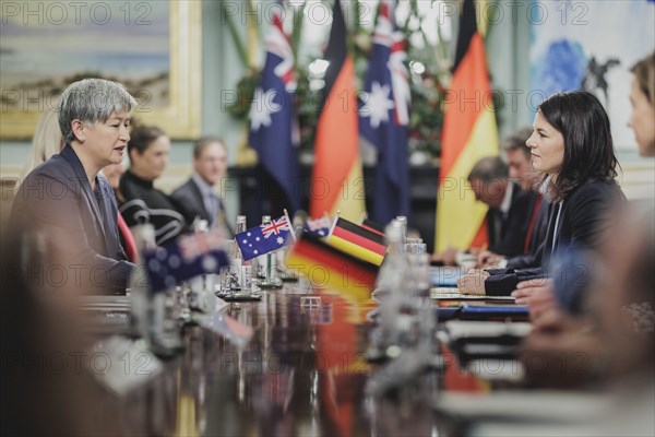 (R-L) Annalena Baerbock (Alliance 90/The Greens), Federal Foreign Minister, and Penny Wong, Foreign Minister of Australia, photographed during a joint meeting in Adelaide, 3 May 2024. Baerbock is travelling to Australia, New Zealand and Fiji for political talks / Photographed on behalf of the Federal Foreign Office