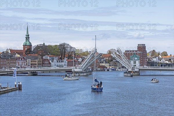 Bascule bridge is opened, Kappeln, Schlei, Schleswig-Holstein, Germany, Europe