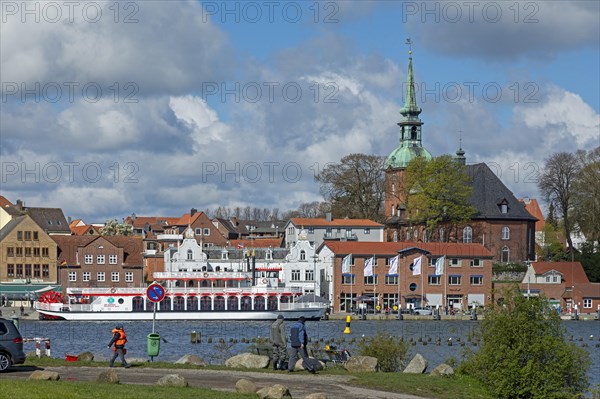 Viewpoint Schleibruecke, church, excursion ship Schlei Princess, harbour, Kappeln, Schlei, Schleswig-Holstein, Germany, Europe