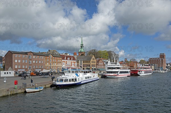 Church, building, excursion boats, clouds, harbour, Kappeln, Schlei, Schleswig-Holstein, Germany, Europe