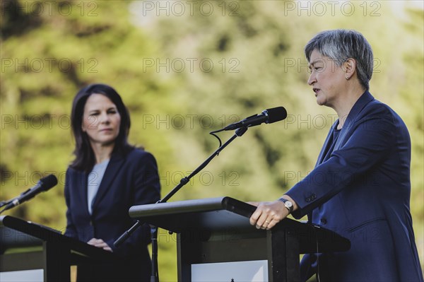 (L-R) Annalena Baerbock (Alliance 90/The Greens), Federal Foreign Minister, and Penny Wong, Foreign Minister of Australia, speak to the media in Adelaide, 3 May 2024. Baerbock is travelling to Australia, New Zealand and Fiji for political talks / Photographed on behalf of the Federal Foreign Office