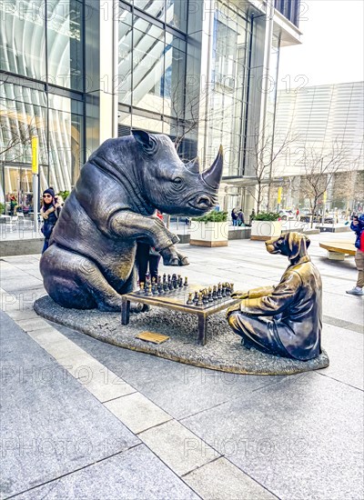 Outdoor art installation A Wild Life for Wildlife The Rhino & Dogman by artist duo Gillie and Marc, 9-11 Memorial, Lower Manhattan, New York City