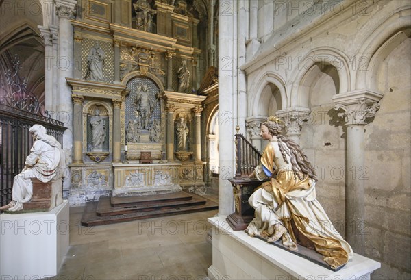 Choir chapel with statue of St Cecilia playing the organ, Romanesque-Gothic Saint-Julien du Mans Cathedral, Le Mans, Sarthe department, Pays de la Loire region, France, Europe