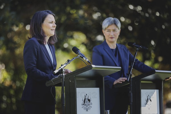 (L-R) Annalena Baerbock (Alliance 90/The Greens), Federal Foreign Minister, and Penny Wong, Foreign Minister of Australia, speak to the media in Adelaide, 3 May 2024. Baerbock is travelling to Australia, New Zealand and Fiji for political talks / Photographed on behalf of the Federal Foreign Office