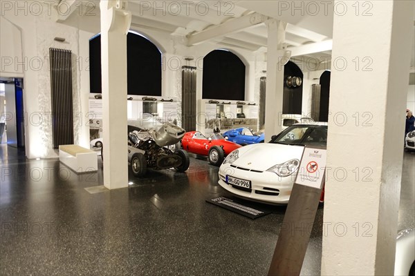 View of a collection of various vintage cars in an exhibition room for historic vehicles, AUTOMUSEUM PROTOTYP, Hamburg, Hanseatic City of Hamburg, Germany Europe