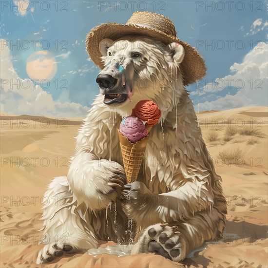 A polar bear with a straw hat sits in the desert and holds an ice cream, symbolic image on the subject of climate change, climate catastrophe, climate protection, AI generated