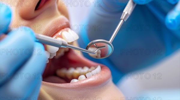 Woman with open mouth has teeth examined during checkup and fixed by a dentist in dental clinique, AI generated