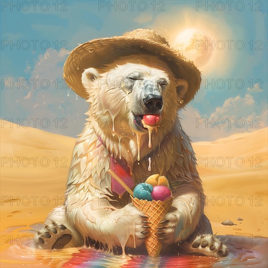 A polar bear with ice cream sits in a hot puddle in the desert, wearing a straw hat, and the hot sun shines, symbolic image on the subject of climate change, climate catastrophe, climate protection, AI generated