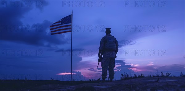 American patriot soldier stand in front of the flag. Concept of fighting for freedom and democracy, AI generated