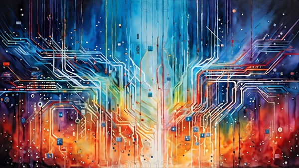 Illustration of abstract data stream cascades over a circuit board transforming into swirling information, AI generated