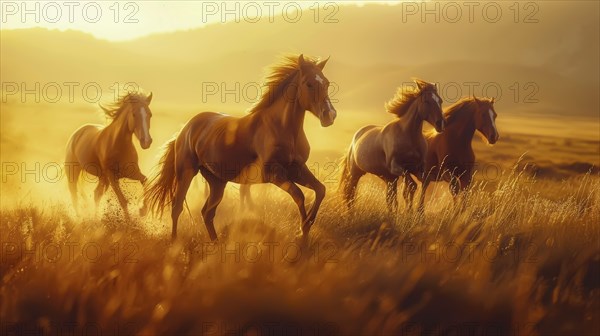 Close-up of horses galloping through a field during sunset, radiating energy and wildness, AI generated