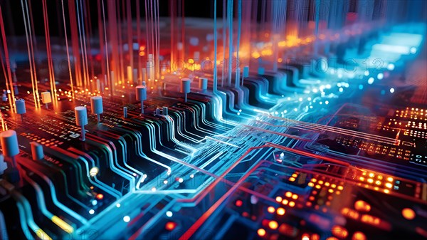 Illustration of abstract data stream cascades over a circuit board transforming into swirling information, AI generated