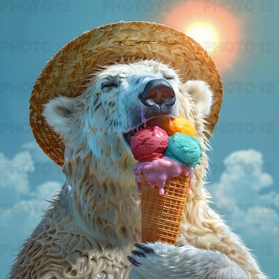 A polar bear enjoys a multicoloured ice cream under the sun with a straw hat, while the sky is blue and cloudy, symbolic image about climate change, climate catastrophe, climate protection, AI generated