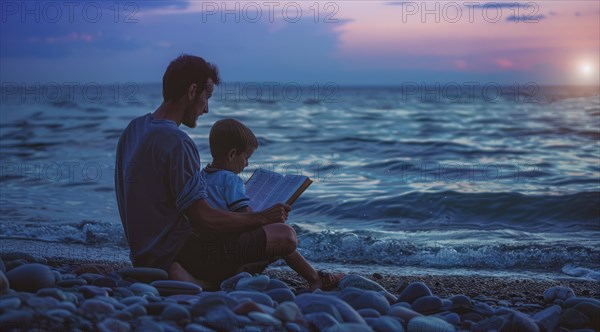 A father and a boy are sitting on the beach reading a book, tales or a Bible, AI generated