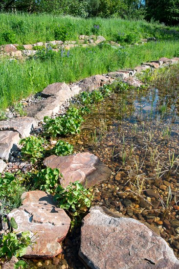 Pond in the natural garden, practical nature conservation, biotope for insects, amphibians and birds, with natural stone wall near the water Germany