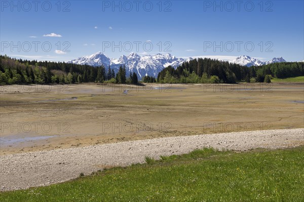 Drained Forggensee, empty, reservoir, flood protection, meadow, Allgaeu Alps, snow, Ostallgaeu, Bavaria, Germany, Europe