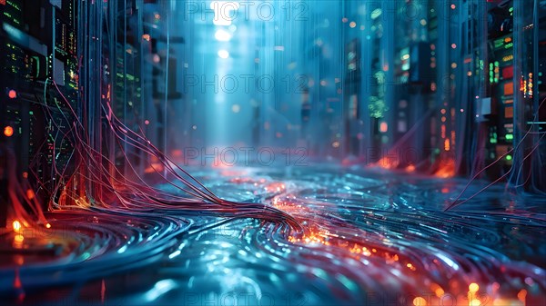 Illustration of abstract data stream cascades over a circuit board transforming into swirling information, AI generated