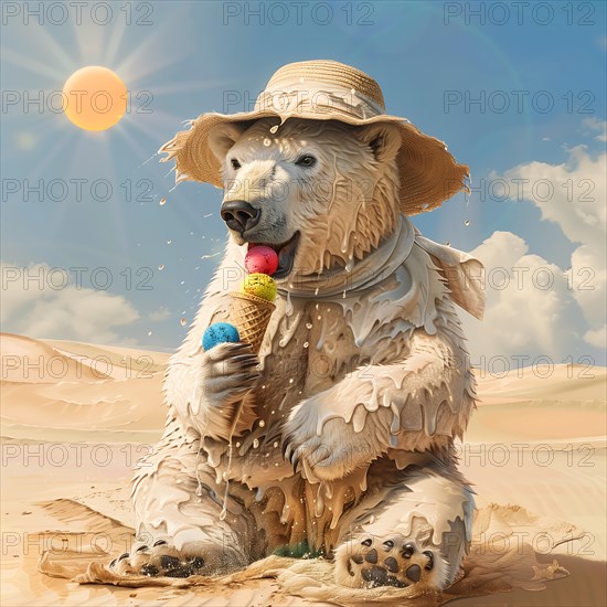 A polar bear in the desert with a straw hat eats ice cream and sits, the sun shines brightly and the heat is palpable, symbolic image on the subject of climate change, climate catastrophe, climate protection, AI generated