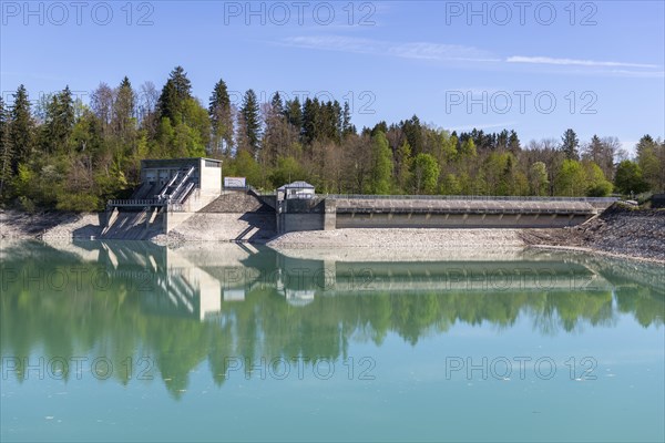 Lech barrage at Forggensee, Lech, power station, head reservoir, flood protection, flood regulation, energy generation, energy storage, Rosshaupten, Ostallgaeu, Allgaeu, Bavaria, Germany, Europe